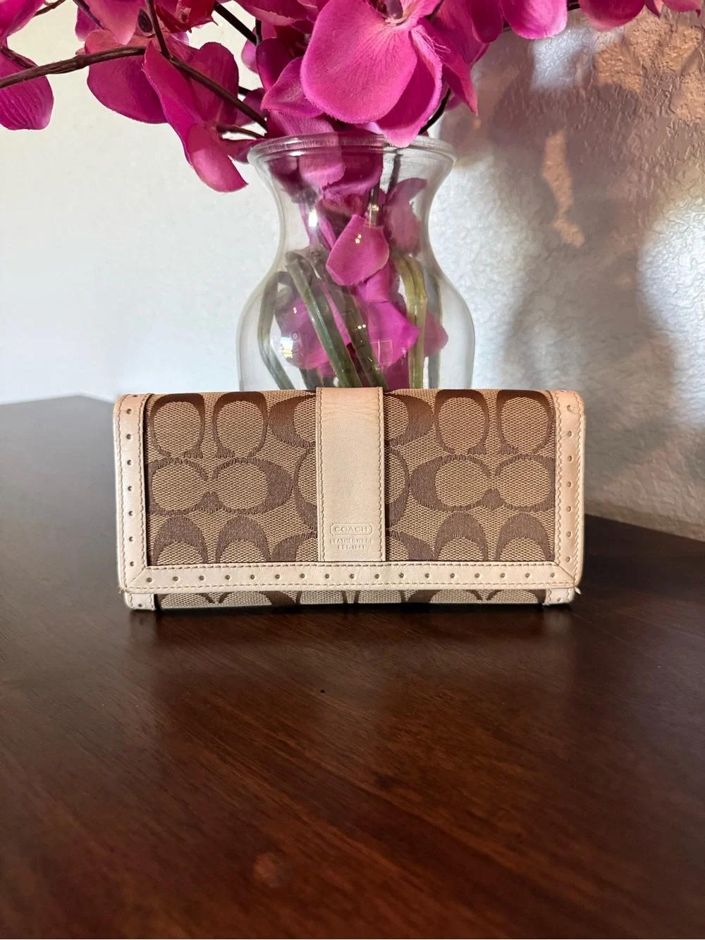 Coach Signature C Canvas in Brown and Tan with Cream Leather Trim Long Wallet